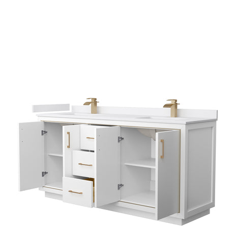 Icon 72 Inch Double Bathroom Vanity in White White Cultured Marble Countertop Undermount Square Sinks Satin Bronze Trim