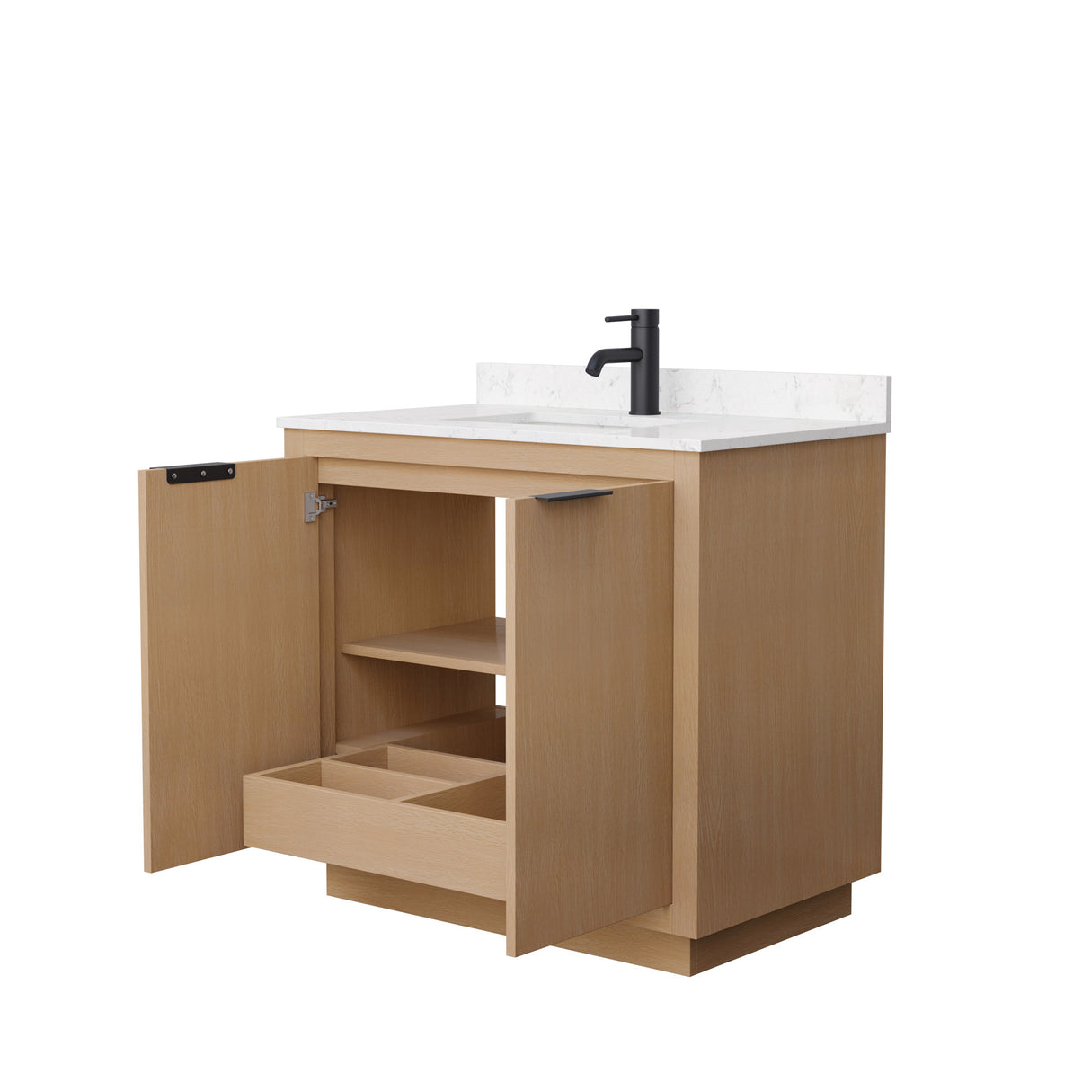 Maroni 36 Inch Single Bathroom Vanity in Light Straw Carrara Cultured Marble Countertop Undermount Square Sink Matte Black Trim