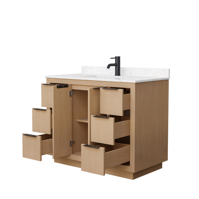 Maroni 42 Inch Single Bathroom Vanity in Light Straw Carrara Cultured Marble Countertop Undermount Square Sink Matte Black Trim