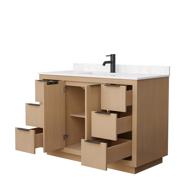 Maroni 48 Inch Single Bathroom Vanity in Light Straw Carrara Cultured Marble Countertop Undermount Square Sink Matte Black Trim