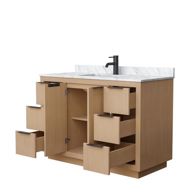Maroni 48 Inch Single Bathroom Vanity in Light Straw White Carrara Marble Countertop Undermount Square Sink Matte Black Trim