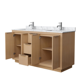 Maroni 60 Inch Double Bathroom Vanity in Light Straw White Carrara Marble Countertop Undermount Square Sinks