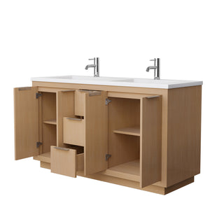 Maroni 60 Inch Double Bathroom Vanity in Light Straw 1.25 Inch Thick Matte White Solid Surface Countertop Integrated Sinks