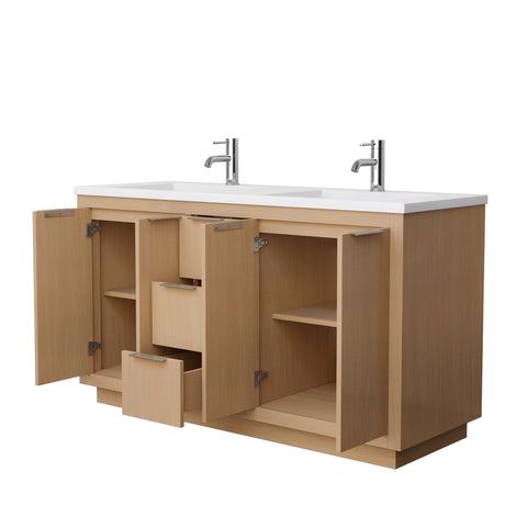 Maroni 60 Inch Double Bathroom Vanity in Light Straw 1.25 Inch Thick Matte White Solid Surface Countertop Integrated Sinks