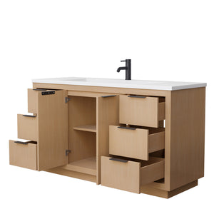 Maroni 60 Inch Single Bathroom Vanity in Light Straw 1.25 Inch Thick Matte White Solid Surface Countertop Integrated Sink Matte Black Trim