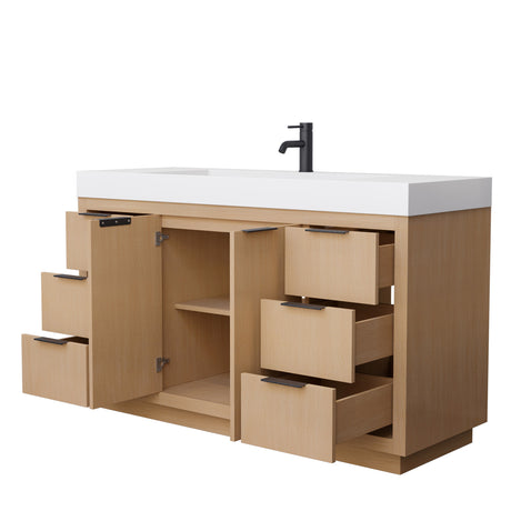 Maroni 60 Inch Single Bathroom Vanity in Light Straw 4 Inch Thick Matte White Solid Surface Countertop Integrated Sink Matte Black Trim
