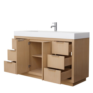 Maroni 60 Inch Single Bathroom Vanity in Light Straw 4 Inch Thick Matte White Solid Surface Countertop Integrated Sink