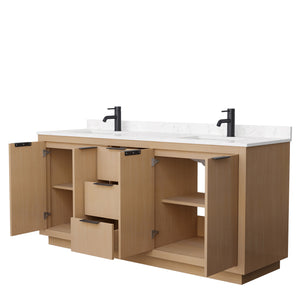 Maroni 72 Inch Double Bathroom Vanity in Light Straw Carrara Cultured Marble Countertop Undermount Square Sinks Matte Black Trim