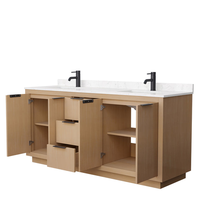 Maroni 72 Inch Double Bathroom Vanity in Light Straw Carrara Cultured Marble Countertop Undermount Square Sinks Matte Black Trim