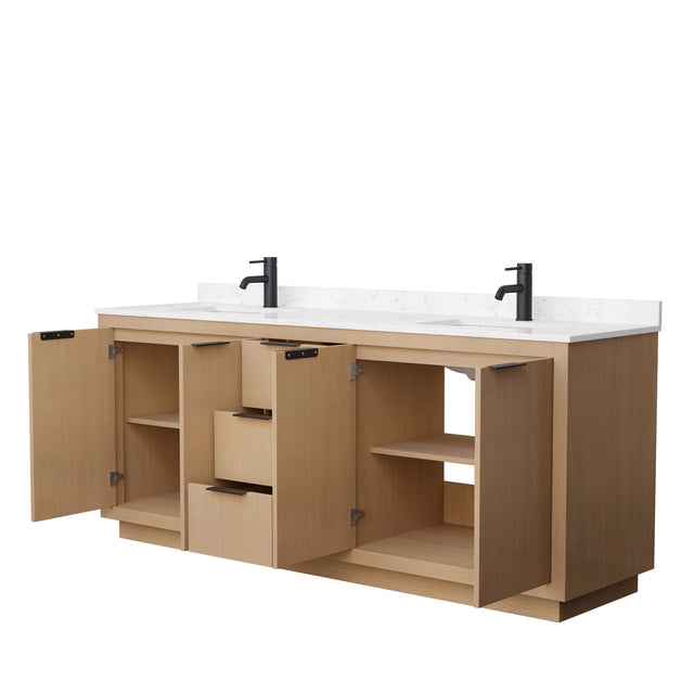 Maroni 80 Inch Double Bathroom Vanity in Light Straw Carrara Cultured Marble Countertop Undermount Square Sinks Matte Black Trim