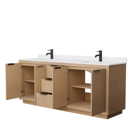 Maroni 80 Inch Double Bathroom Vanity in Light Straw White Cultured Marble Countertop Undermount Square Sinks Matte Black Trim