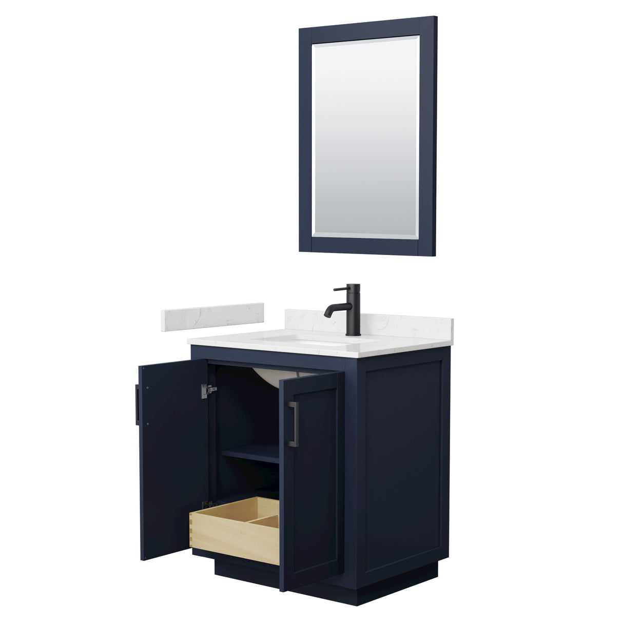 Miranda 30 Inch Single Bathroom Vanity in Dark Blue Carrara Cultured Marble Countertop Undermount Square Sink Matte Black Trim 24 Inch Mirror