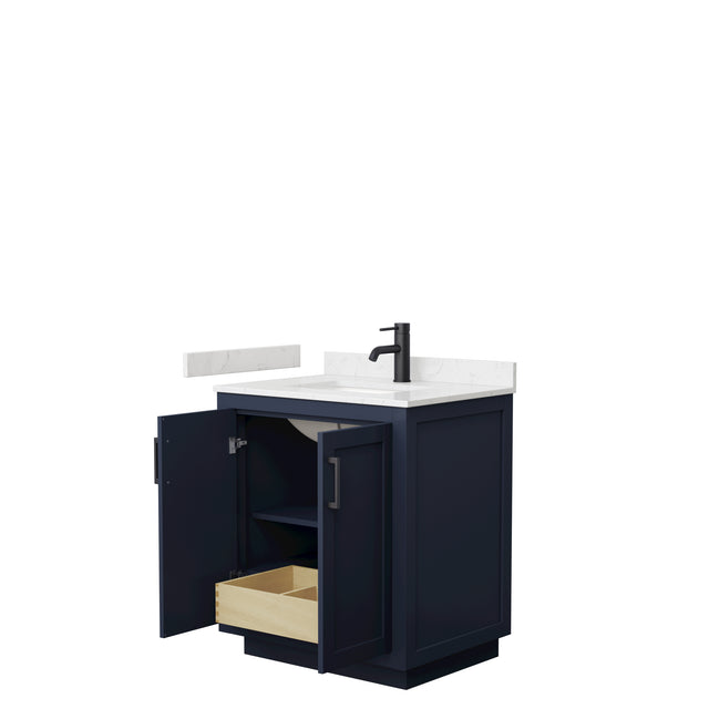 Miranda 30 Inch Single Bathroom Vanity in Dark Blue Carrara Cultured Marble Countertop Undermount Square Sink Matte Black Trim