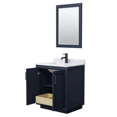 Miranda 30 Inch Single Bathroom Vanity in Dark Blue White Carrara Marble Countertop Undermount Square Sink Matte Black Trim 24 Inch Mirror