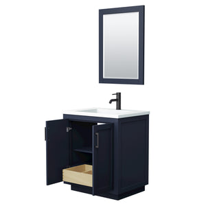 Miranda 30 Inch Single Bathroom Vanity in Dark Blue 1.25 Inch Thick Matte White Solid Surface Countertop Integrated Sink Matte Black Trim 24 Inch Mirror