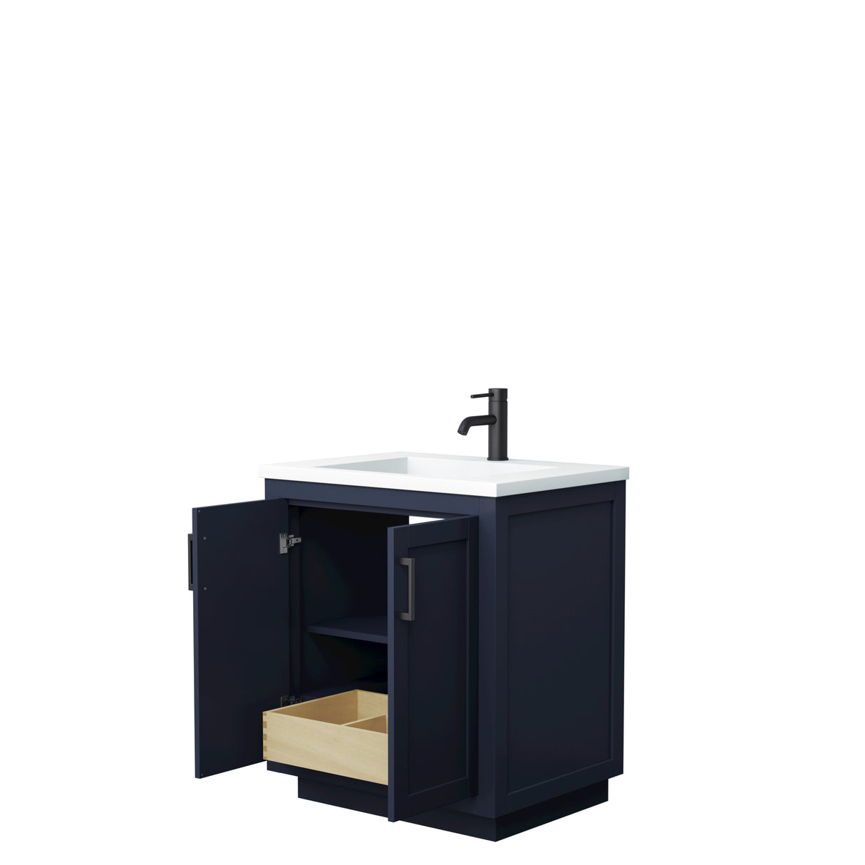 Miranda 30 Inch Single Bathroom Vanity in Dark Blue 1.25 Inch Thick Matte White Solid Surface Countertop Integrated Sink Matte Black Trim