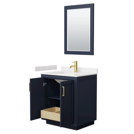 Miranda 30 Inch Single Bathroom Vanity in Dark Blue Carrara Cultured Marble Countertop Undermount Square Sink Brushed Gold Trim 24 Inch Mirror