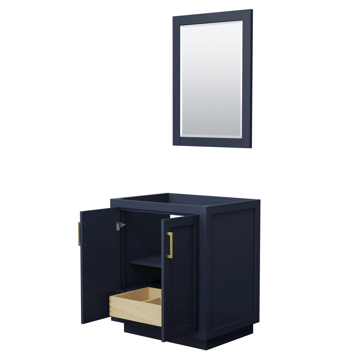 Miranda 30 Inch Single Bathroom Vanity in Dark Blue No Countertop No Sink Brushed Gold Trim 24 Inch Mirror