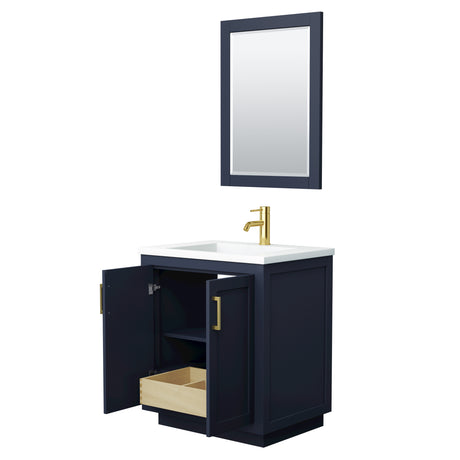 Miranda 30 Inch Single Bathroom Vanity in Dark Blue 1.25 Inch Thick Matte White Solid Surface Countertop Integrated Sink Brushed Gold Trim 24 Inch Mirror