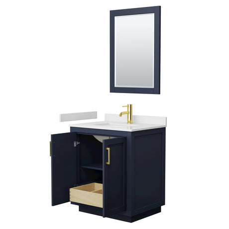 Miranda 30 Inch Single Bathroom Vanity in Dark Blue White Cultured Marble Countertop Undermount Square Sink Brushed Gold Trim 24 Inch Mirror