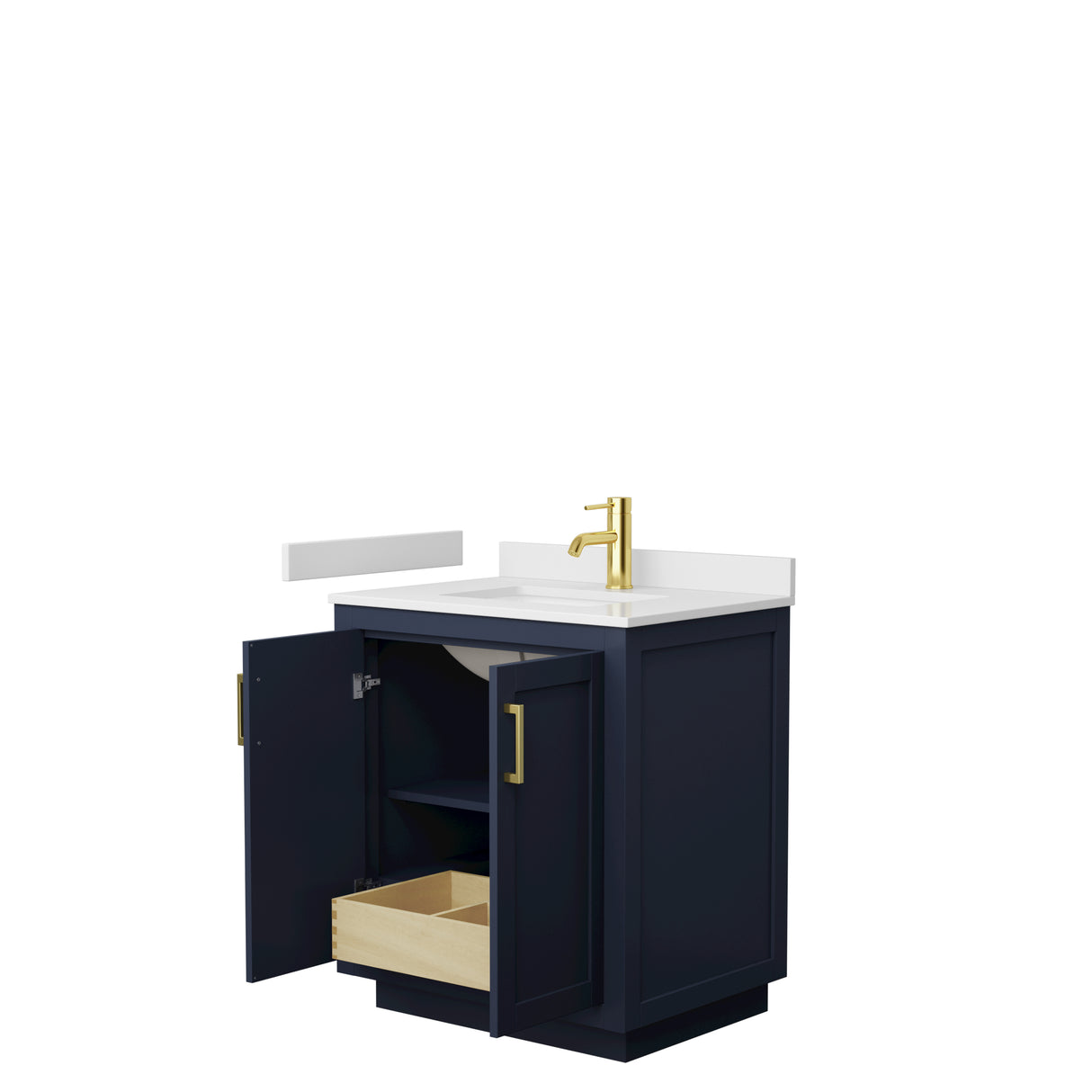 Miranda 30 Inch Single Bathroom Vanity in Dark Blue White Cultured Marble Countertop Undermount Square Sink Brushed Gold Trim