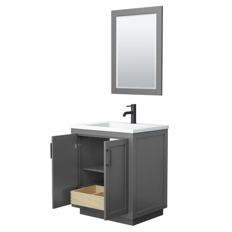 Miranda 30 Inch Single Bathroom Vanity in Dark Gray 1.25 Inch Thick Matte White Solid Surface Countertop Integrated Sink Matte Black Trim 24 Inch Mirror