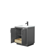 Miranda 30 Inch Single Bathroom Vanity in Dark Gray 1.25 Inch Thick Matte White Solid Surface Countertop Integrated Sink Matte Black Trim