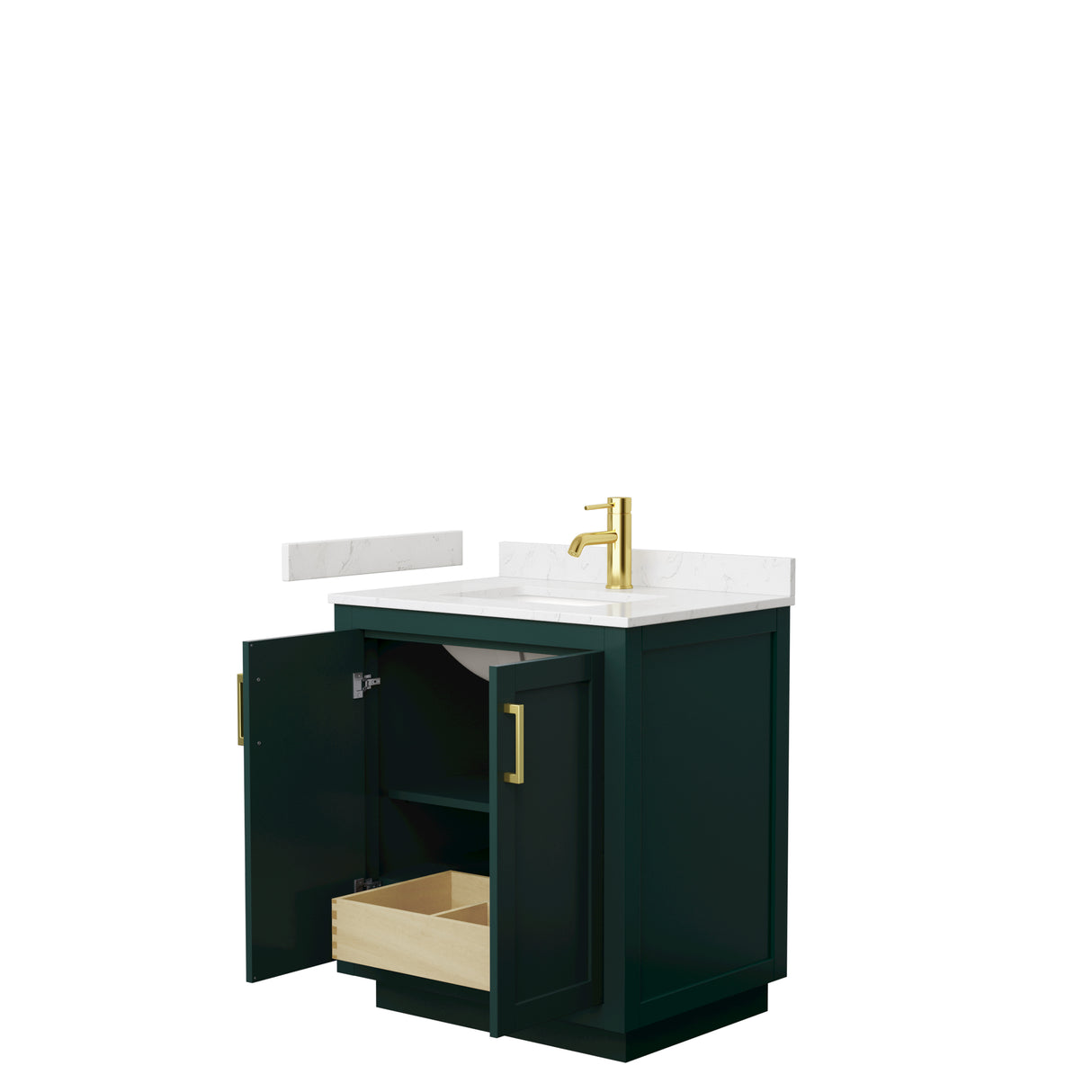 Miranda 30 Inch Single Bathroom Vanity in Green Carrara Cultured Marble Countertop Undermount Square Sink Brushed Gold Trim