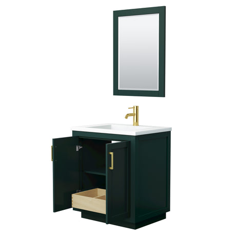 Miranda 30 Inch Single Bathroom Vanity in Green 1.25 Inch Thick Matte White Solid Surface Countertop Integrated Sink Brushed Gold Trim 24 Inch Mirror