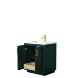 Miranda 30 Inch Single Bathroom Vanity in Green 1.25 Inch Thick Matte White Solid Surface Countertop Integrated Sink Brushed Gold Trim