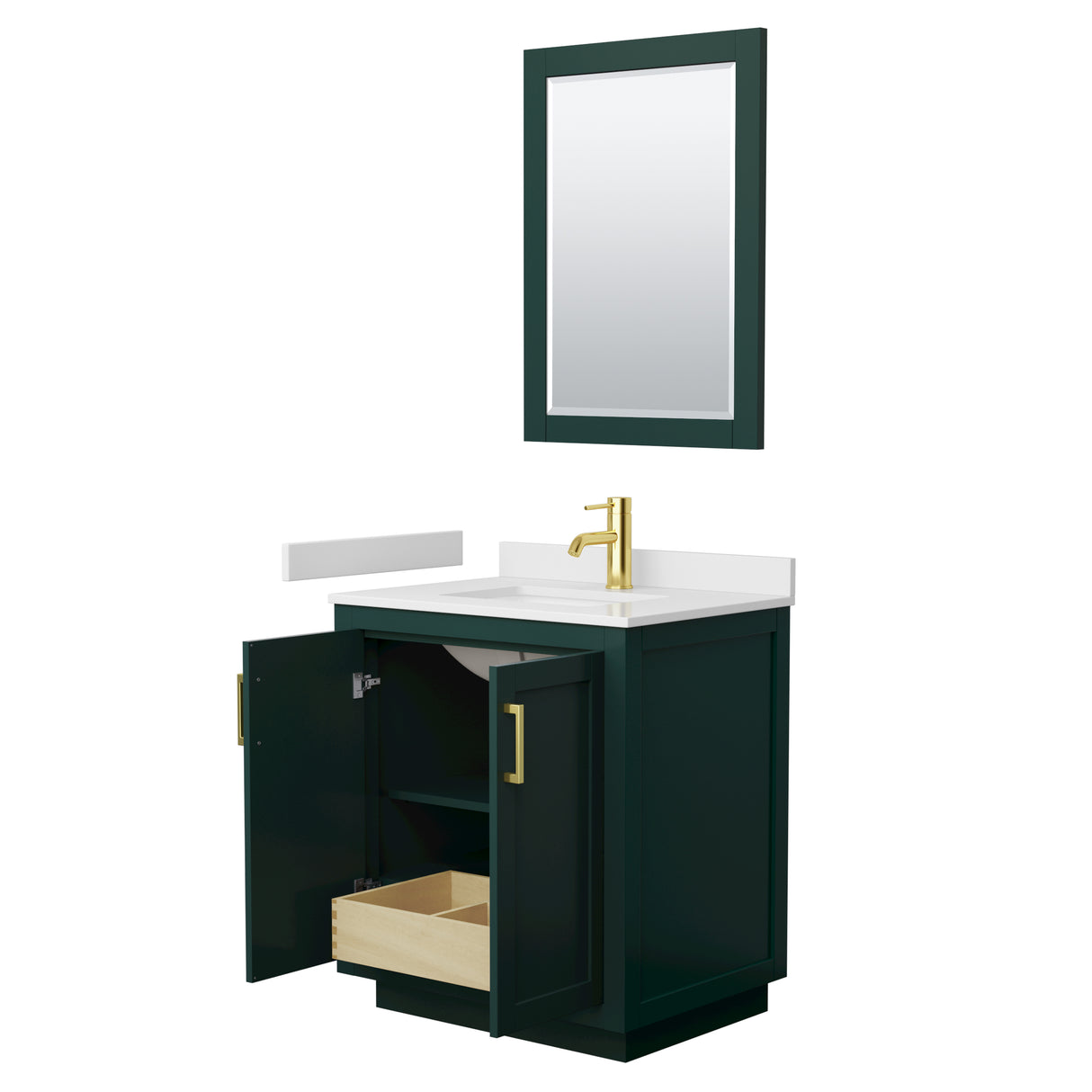 Miranda 30 Inch Single Bathroom Vanity in Green White Cultured Marble Countertop Undermount Square Sink Brushed Gold Trim 24 Inch Mirror
