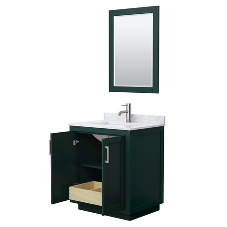 Miranda 30 Inch Single Bathroom Vanity in Green White Carrara Marble Countertop Undermount Square Sink Brushed Nickel Trim 24 Inch Mirror