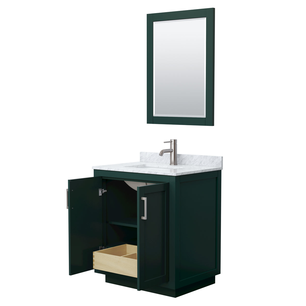 Miranda 30 Inch Single Bathroom Vanity in Green White Carrara Marble Countertop Undermount Square Sink Brushed Nickel Trim 24 Inch Mirror