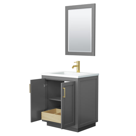 Miranda 30 Inch Single Bathroom Vanity in Dark Gray 1.25 Inch Thick Matte White Solid Surface Countertop Integrated Sink Brushed Gold Trim 24 Inch Mirror