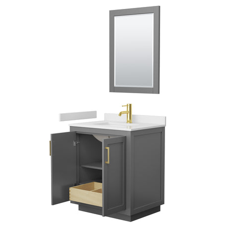 Miranda 30 Inch Single Bathroom Vanity in Dark Gray White Cultured Marble Countertop Undermount Square Sink Brushed Gold Trim 24 Inch Mirror