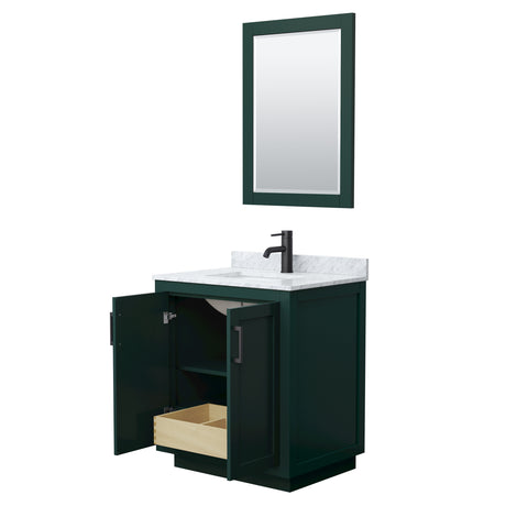 Miranda 30 Inch Single Bathroom Vanity in Green White Carrara Marble Countertop Undermount Square Sink Matte Black Trim 24 Inch Mirror