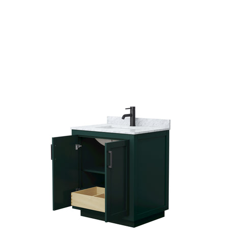 Miranda 30 Inch Single Bathroom Vanity in Green White Carrara Marble Countertop Undermount Square Sink Matte Black Trim