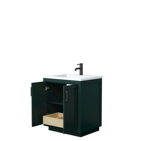 Miranda 30 Inch Single Bathroom Vanity in Green 1.25 Inch Thick Matte White Solid Surface Countertop Integrated Sink Matte Black Trim