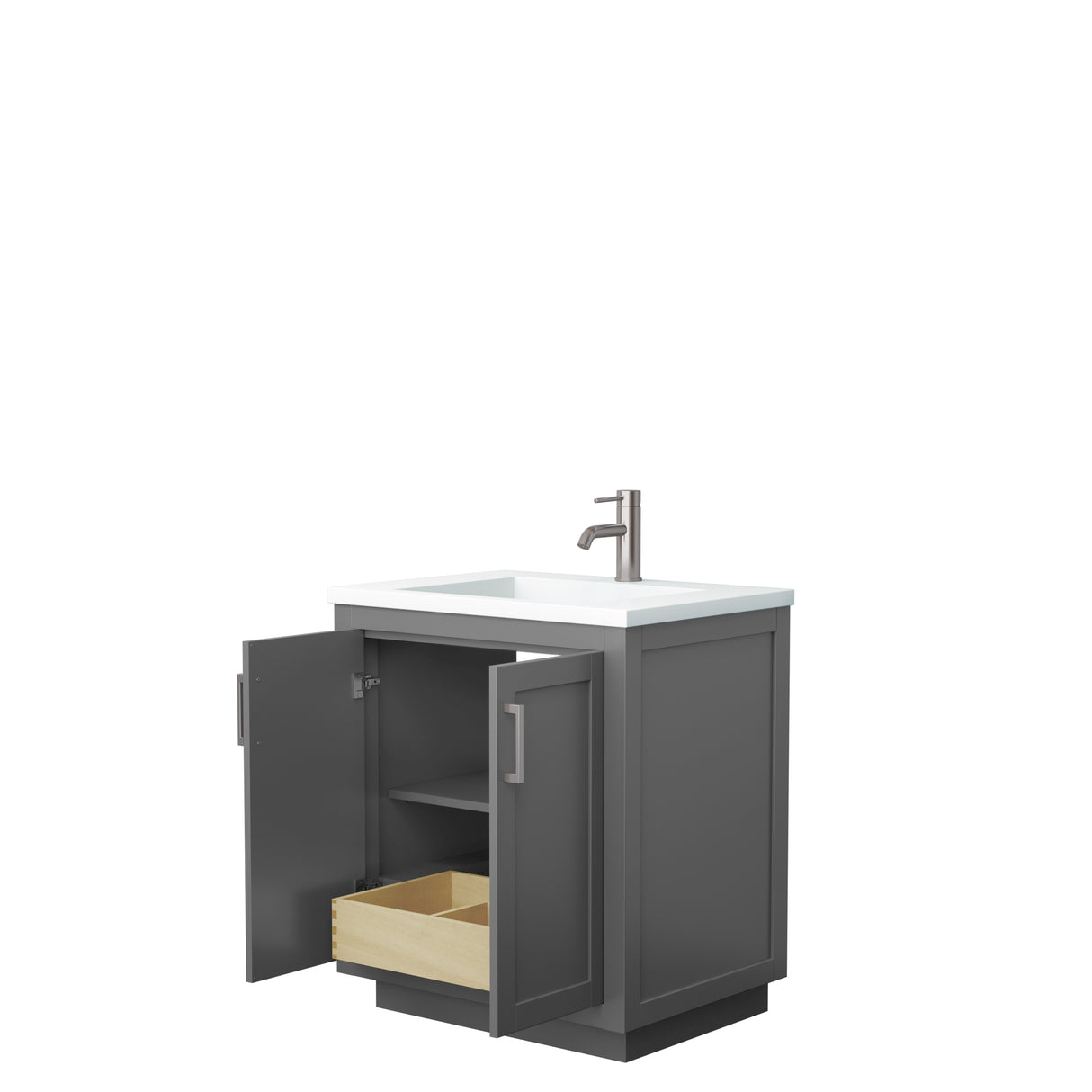 Miranda 30 Inch Single Bathroom Vanity in Dark Gray 1.25 Inch Thick Matte White Solid Surface Countertop Integrated Sink Brushed Nickel Trim