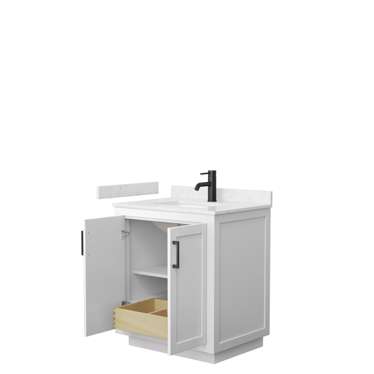 Miranda 30 Inch Single Bathroom Vanity in White Carrara Cultured Marble Countertop Undermount Square Sink Matte Black Trim