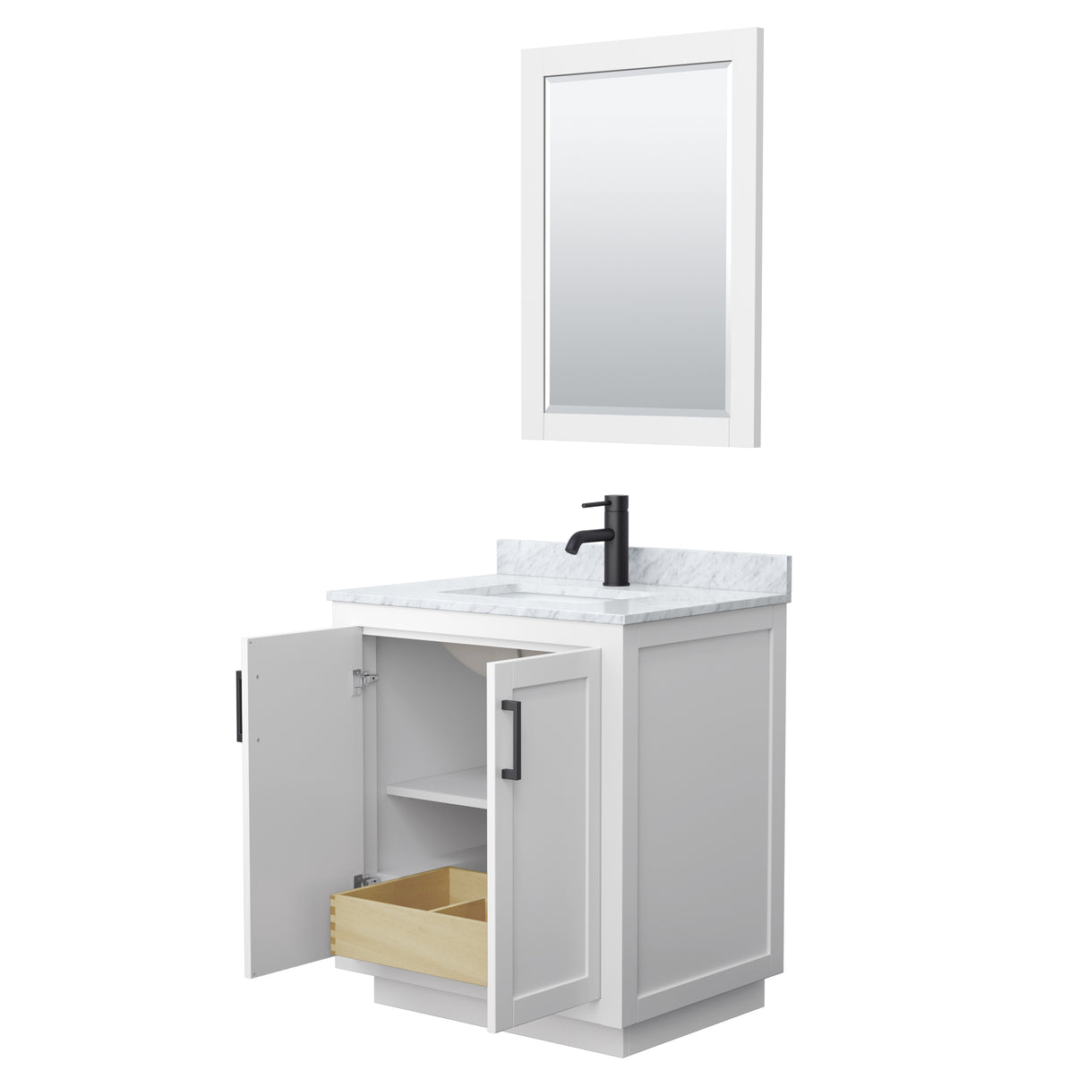 Miranda 30 Inch Single Bathroom Vanity in White White Carrara Marble Countertop Undermount Square Sink Matte Black Trim 24 Inch Mirror