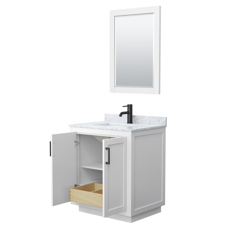 Miranda 30 Inch Single Bathroom Vanity in White White Carrara Marble Countertop Undermount Square Sink Matte Black Trim 24 Inch Mirror