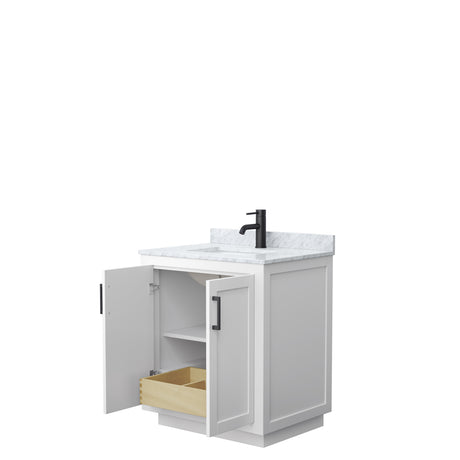 Miranda 30 Inch Single Bathroom Vanity in White White Carrara Marble Countertop Undermount Square Sink Matte Black Trim