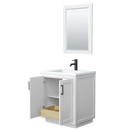 Miranda 30 Inch Single Bathroom Vanity in White 1.25 Inch Thick Matte White Solid Surface Countertop Integrated Sink Matte Black Trim 24 Inch Mirror