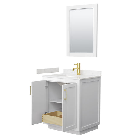 Miranda 30 Inch Single Bathroom Vanity in White Carrara Cultured Marble Countertop Undermount Square Sink Brushed Gold Trim 24 Inch Mirror