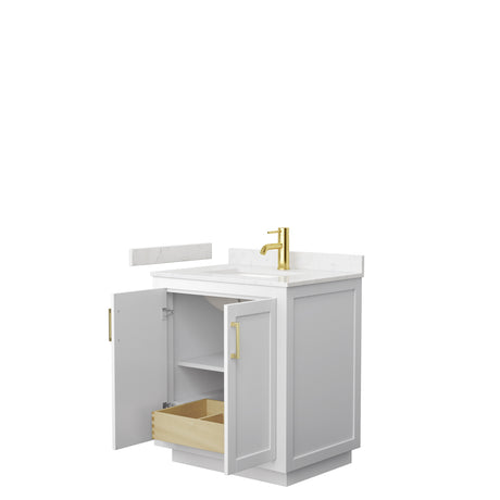 Miranda 30 Inch Single Bathroom Vanity in White Carrara Cultured Marble Countertop Undermount Square Sink Brushed Gold Trim