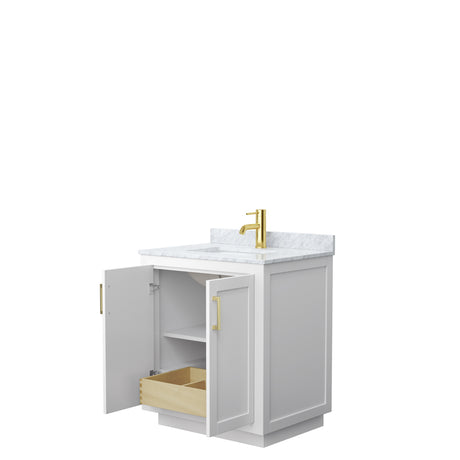 Miranda 30 Inch Single Bathroom Vanity in White White Carrara Marble Countertop Undermount Square Sink Brushed Gold Trim