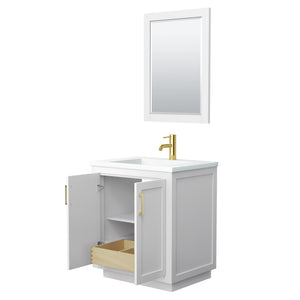 Miranda 30 Inch Single Bathroom Vanity in White 1.25 Inch Thick Matte White Solid Surface Countertop Integrated Sink Brushed Gold Trim 24 Inch Mirror