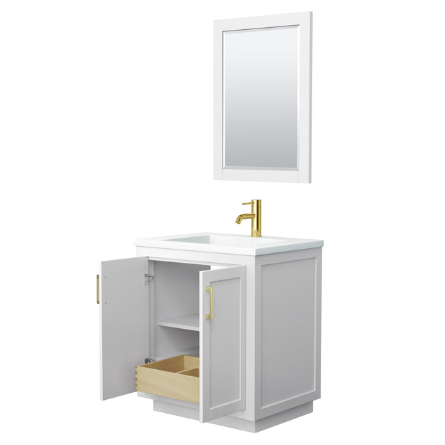 Miranda 30 Inch Single Bathroom Vanity in White 1.25 Inch Thick Matte White Solid Surface Countertop Integrated Sink Brushed Gold Trim 24 Inch Mirror