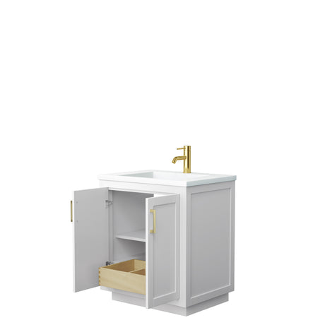 Miranda 30 Inch Single Bathroom Vanity in White 1.25 Inch Thick Matte White Solid Surface Countertop Integrated Sink Brushed Gold Trim